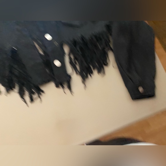 Distressed fringed black crop Jean jacket M - Picture 2 of 9